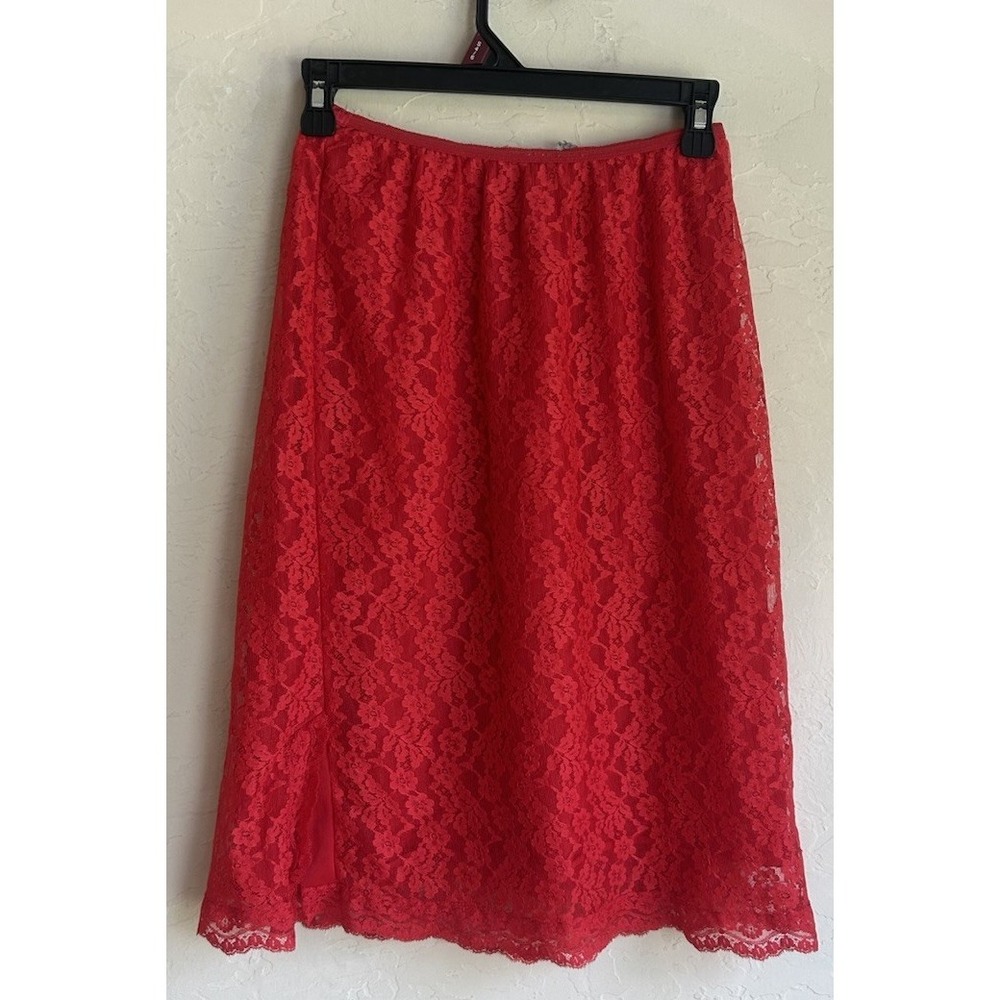 Vintage 1960s Hollywood Vassarette Red Lace Slip Skirt M Nylon Tricot Boudoir